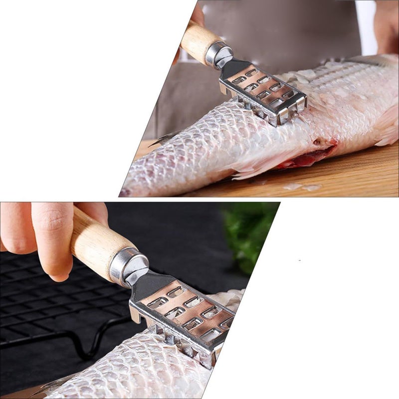Wooden Handle Fish Scale Scraper and Remover 2 Pieces Manual Kitchen Cleaning Tool Set - Image 4
