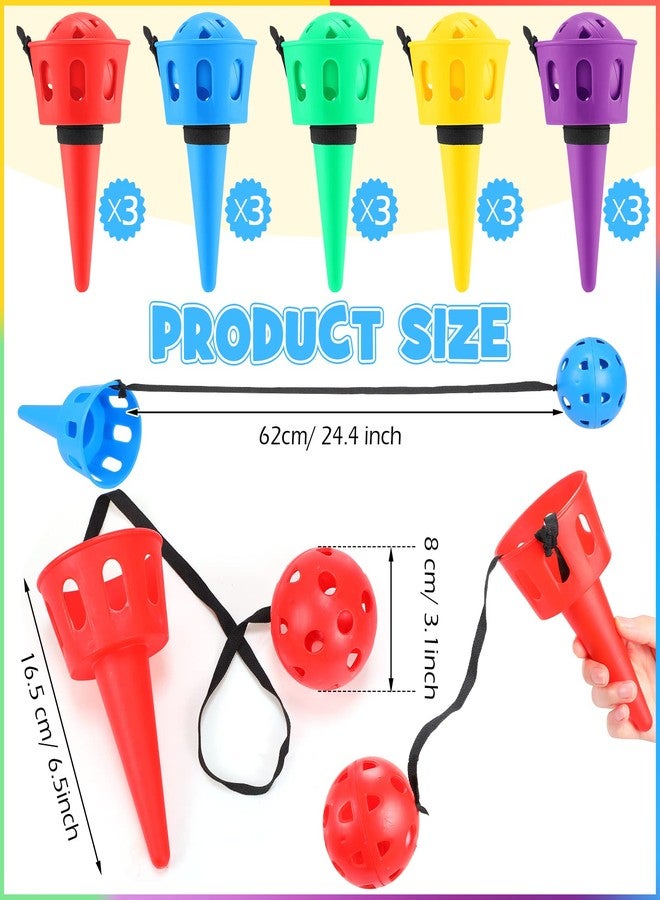 Aoriher 15 Pcs Ball Catch Game Hand Eye Coordination Ball Catching Cup Classic Outdoor Tetherball Catch Game for Lawn Yard Beach Camping Outdoor Sports Party Games Activities Adults, 5 Colors - Image 2