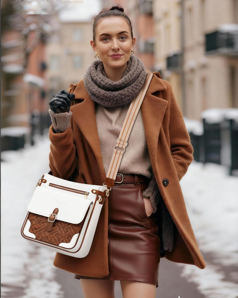 Sunpour Large Crossbody Bags for Women, Multi-Pocket Leather Crossbody Purses, Vegan Leather Travel Shoulder Handbag with RFID Blocking Pockets(Beige&Brown) - Image 2