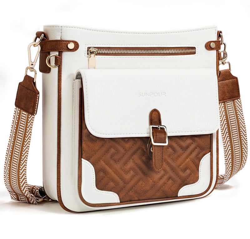 Sunpour Large Crossbody Bags for Women, Multi-Pocket Leather Crossbody Purses, Vegan Leather Travel Shoulder Handbag with RFID Blocking Pockets(Beige&Brown) - Image 1