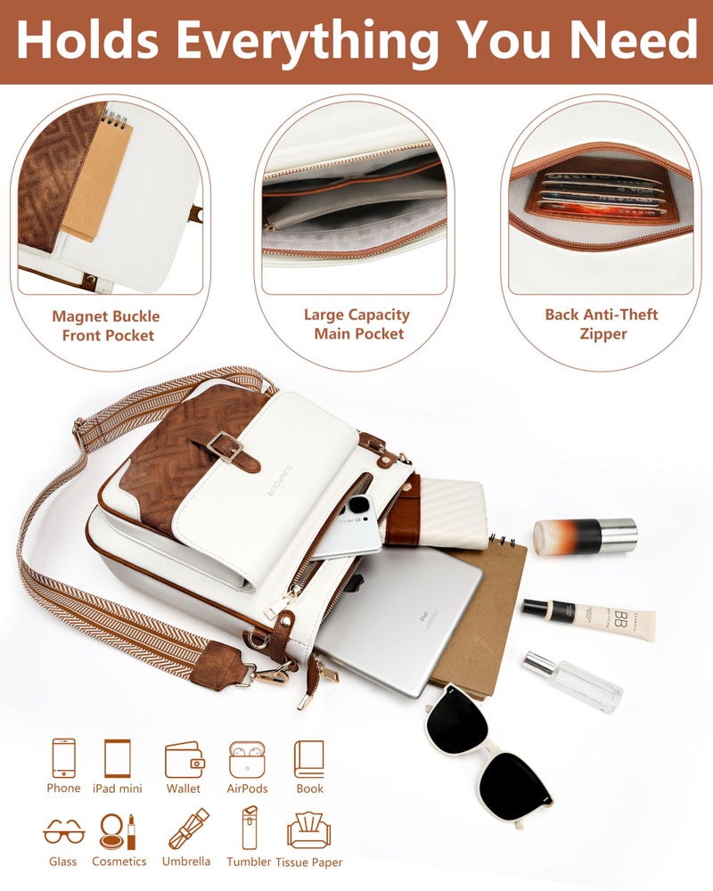 Sunpour Large Crossbody Bags for Women, Multi-Pocket Leather Crossbody Purses, Vegan Leather Travel Shoulder Handbag with RFID Blocking Pockets(Beige&Brown) - Image 5
