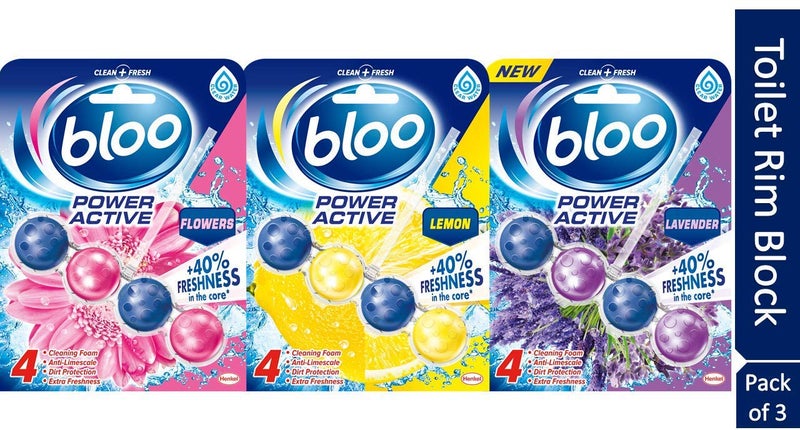 Bloo Solid Rim Block Power Active 50g | 4 in 1 Toilet Cleaner with Anti-Limescale, Cleaning Foam, Dirt Protection and Extra Freshness | Pack of 3 (Fresh Flower, Lemon & Lavender) - Image 1