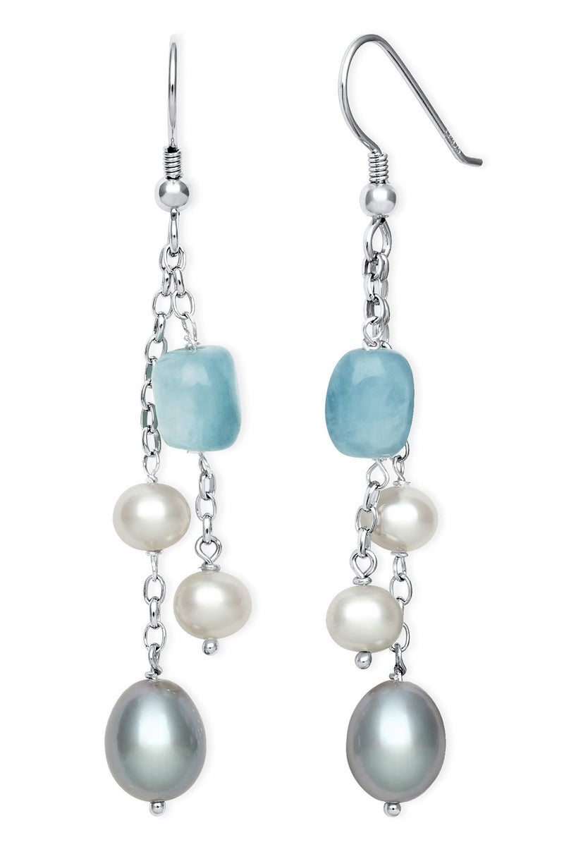 Belacqua Natural Aquamarine with Cultured Freshwater Pearl Layered Station Necklace in Sterling Silver, Tassel Earrings, Multi-Strand 18" Rolo Chain, Real Pearl Jewelry for Women, Gift Box Included - Image 3