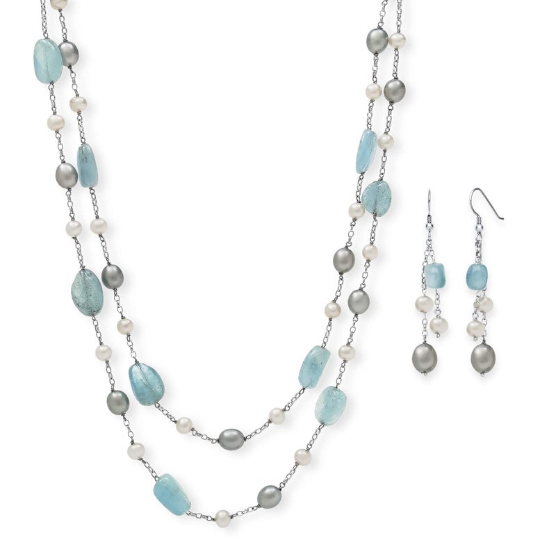 Belacqua Natural Aquamarine with Cultured Freshwater Pearl Layered Station Necklace in Sterling Silver, Tassel Earrings, Multi-Strand 18" Rolo Chain, Real Pearl Jewelry for Women, Gift Box Included - Image 1