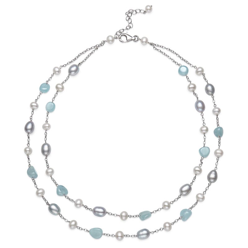 Belacqua Natural Aquamarine with Cultured Freshwater Pearl Layered Station Necklace in Sterling Silver, Tassel Earrings, Multi-Strand 18" Rolo Chain, Real Pearl Jewelry for Women, Gift Box Included - Image 5