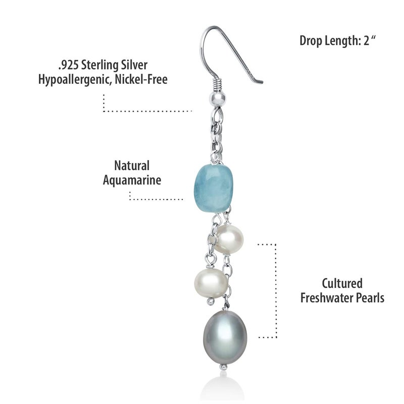 Belacqua Natural Aquamarine with Cultured Freshwater Pearl Layered Station Necklace in Sterling Silver, Tassel Earrings, Multi-Strand 18" Rolo Chain, Real Pearl Jewelry for Women, Gift Box Included - Image 4