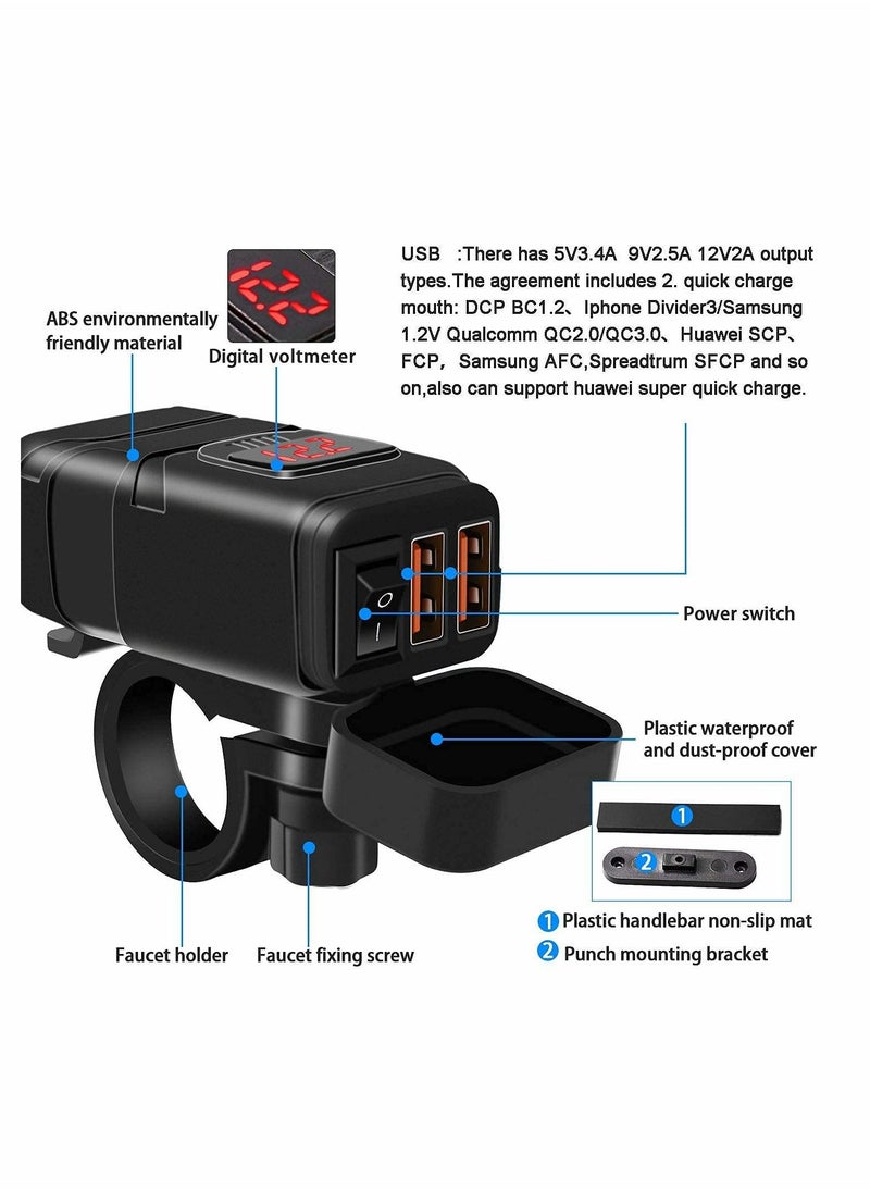 Excefore - Motorcycle USB Phone Charger 6.8A, QC3.0 Fast Charging Dual Port, SAE to USB Adapter with Voltmeter ON/Off Switch Fuse Waterproof Quick Disconnect Plug for Smart Phone Tablet GPS 7/8inch Handlebar - Image 1
