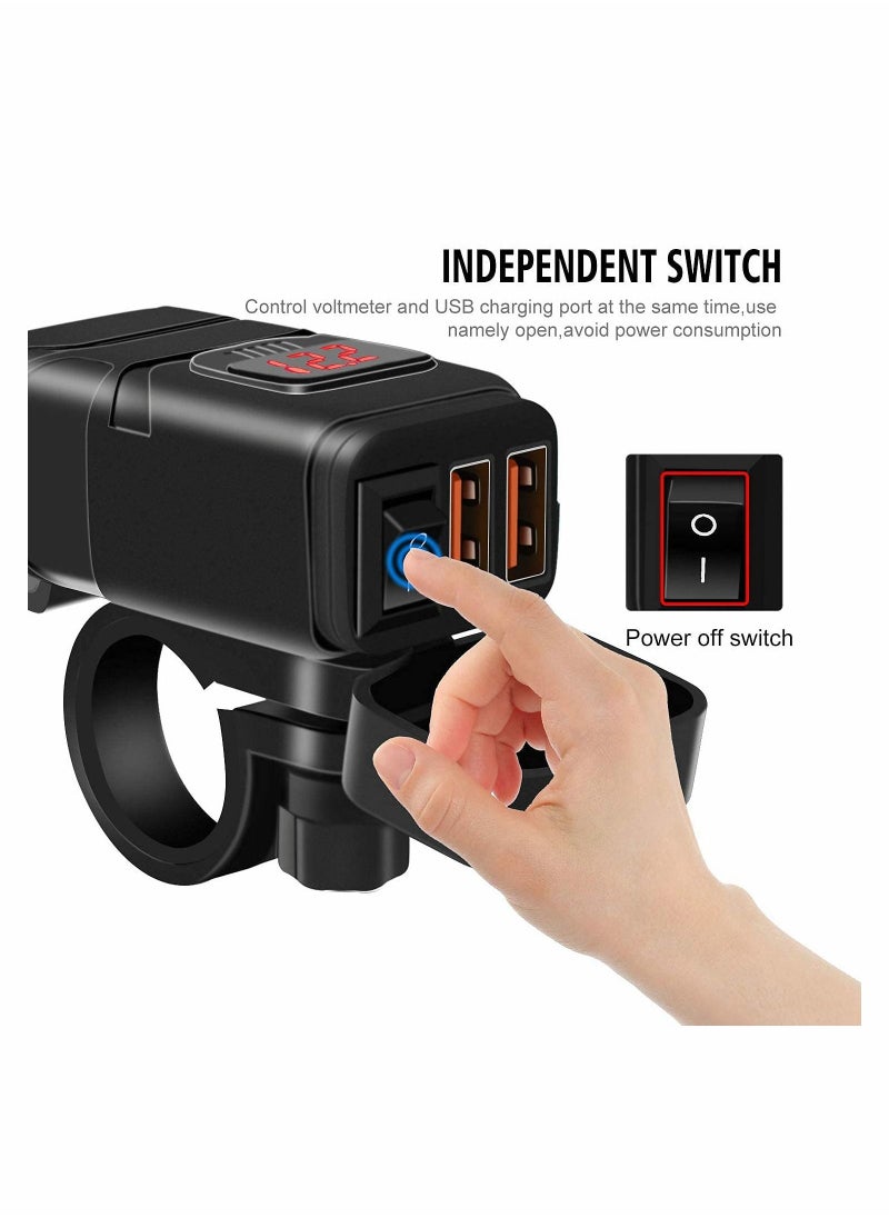 Excefore - Motorcycle USB Phone Charger 6.8A, QC3.0 Fast Charging Dual Port, SAE to USB Adapter with Voltmeter ON/Off Switch Fuse Waterproof Quick Disconnect Plug for Smart Phone Tablet GPS 7/8inch Handlebar - Image 1