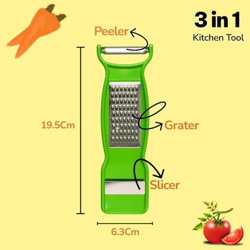 RIANZ® 3 in 1 Peeler Grater & Slicer for Kitchen | Stainless Steel Sharp Blades with Durable Plastic Body | Multi-Functional Fruit & Vegetable Cutter Tool for Home & Office (Multicolor - Pack of 1) - Image 2