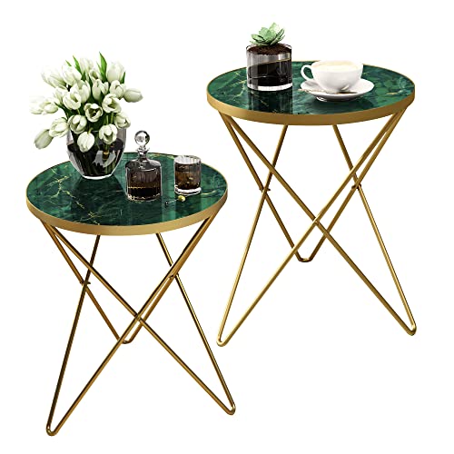 HLR Modern Round Side Table Set of 2 End Table with Marble Effect Top and Gold Metal Frame Small Side Table for Living Room Bedroom Sofa and Couch Gold Legs Green Marble top