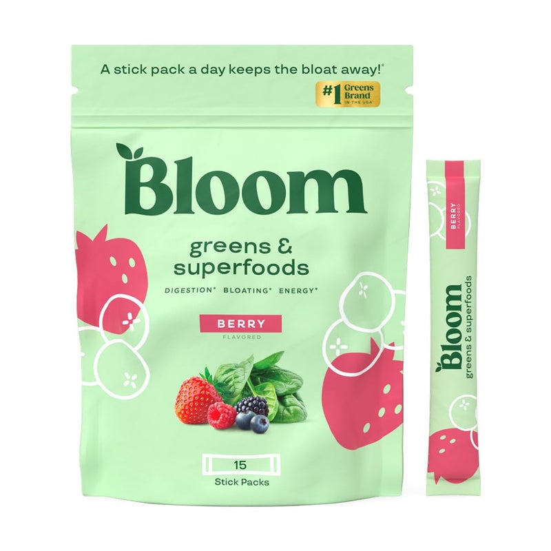 Bloom Nutrition Superfood Greens Powder Digestive Enzymes with Probiotics and Prebiotics Gut Health Bloating Relief for Women Chlorella Green Juice Mix with Beet Root Powder 60 SVG Berry
