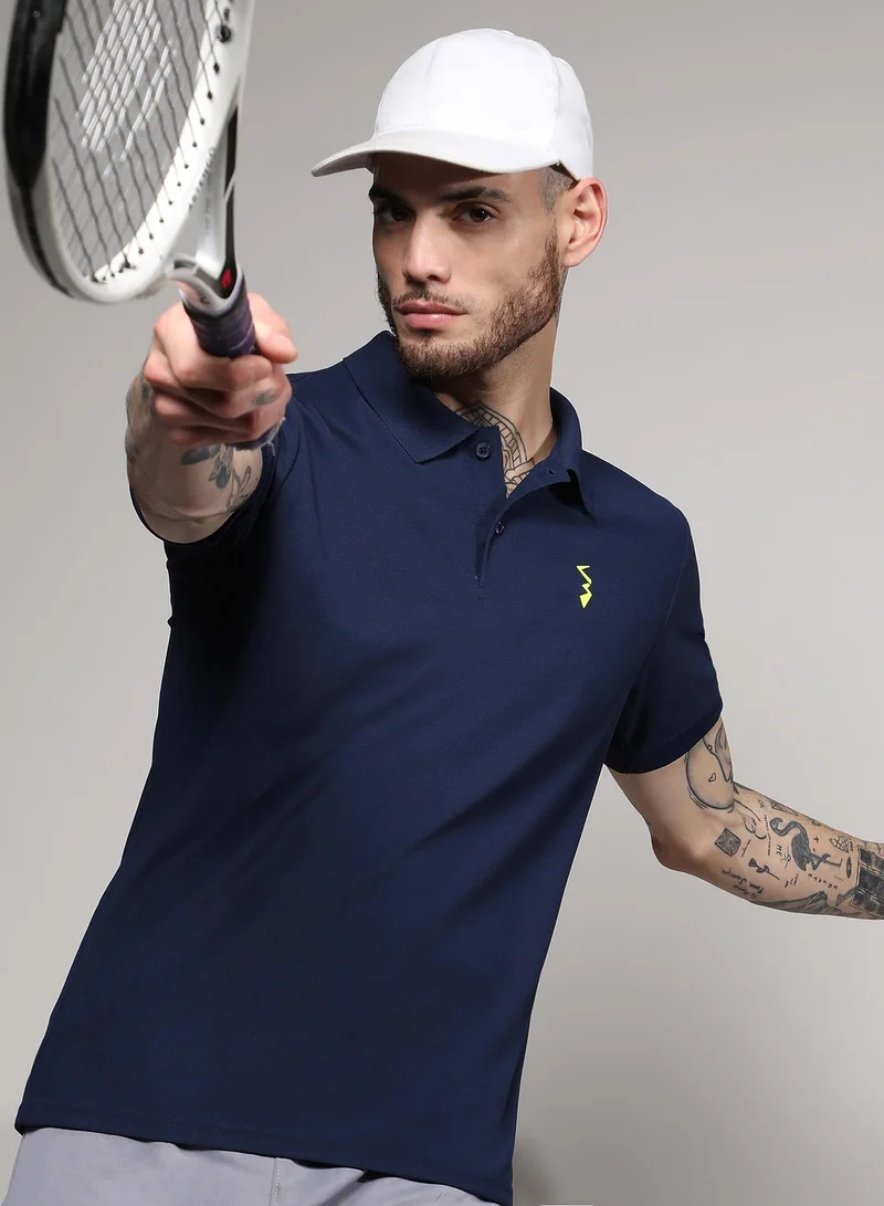 Men's Navy Blue Solid Polo Activewear T-Shirt