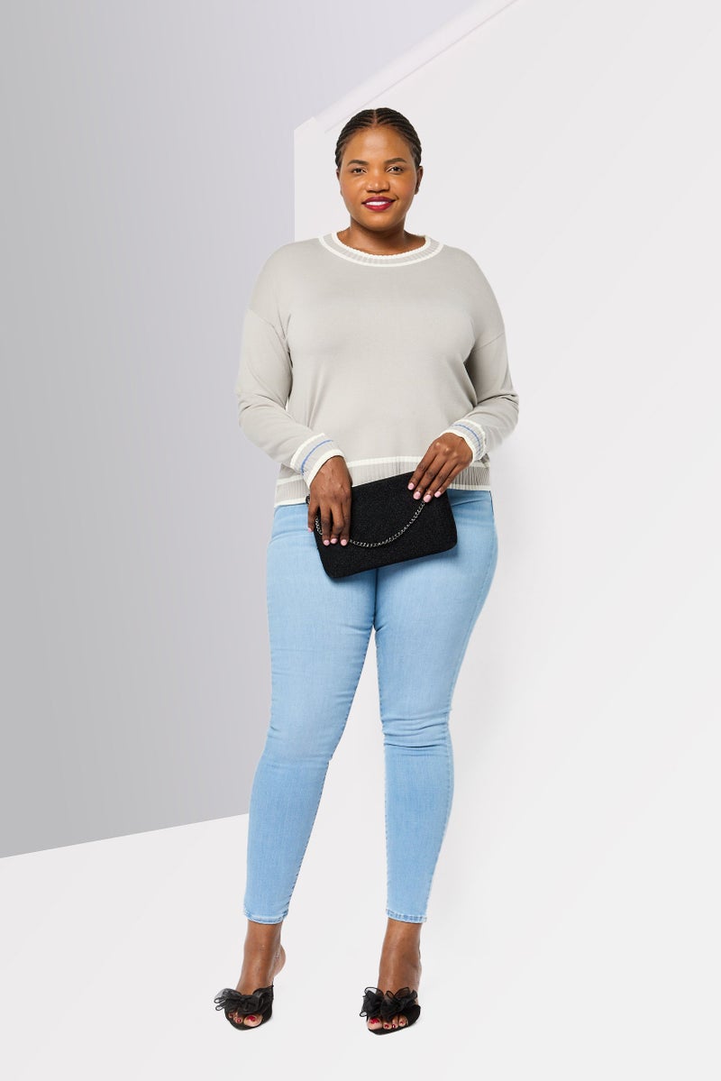 Harmont & Blaine Women Ribbed Neck Hardware Logo Sweater, Grey - Image 2
