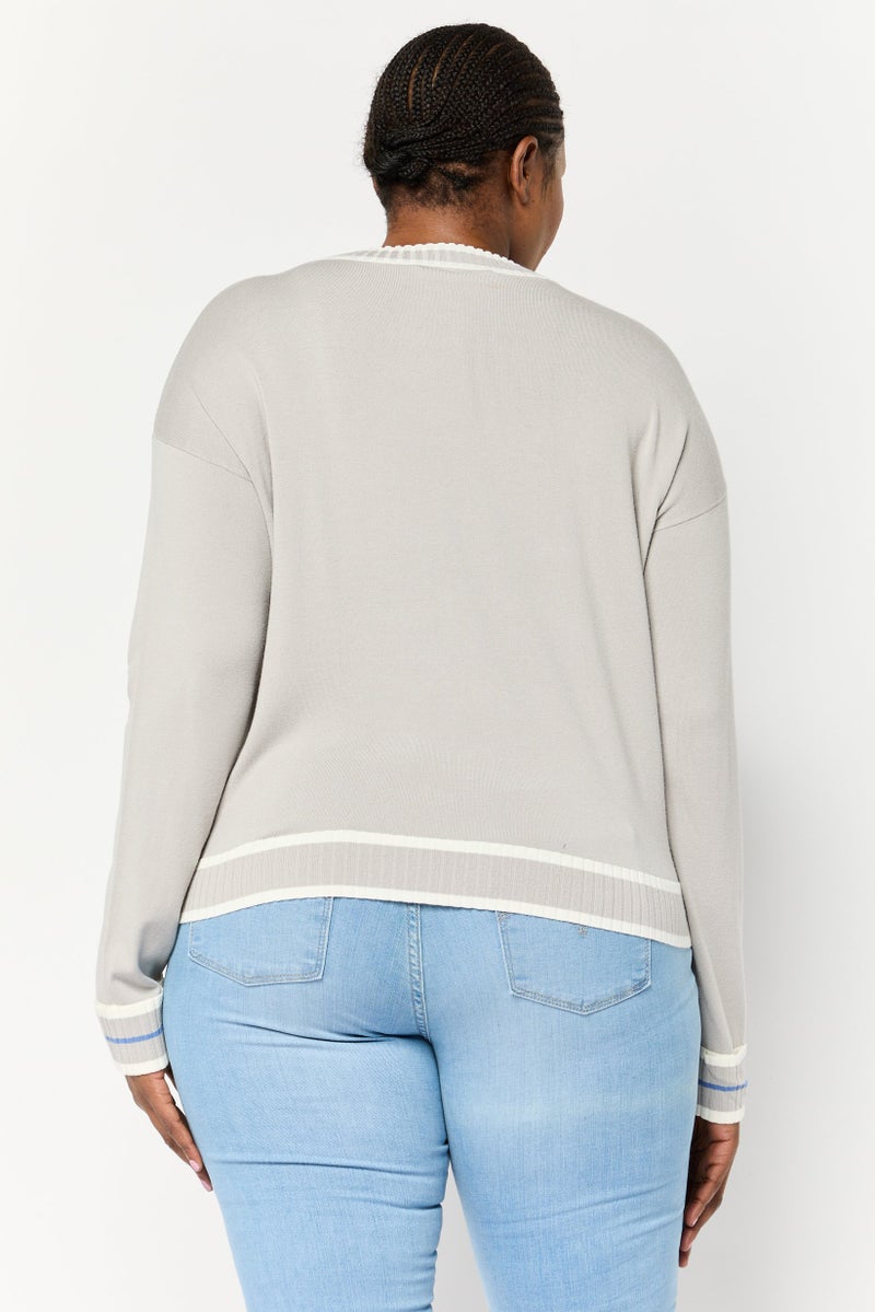 Harmont & Blaine Women Ribbed Neck Hardware Logo Sweater, Grey - Image 4