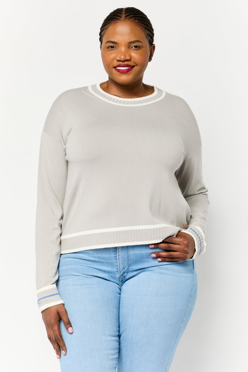 Harmont & Blaine Women Ribbed Neck Hardware Logo Sweater, Grey - Image 1