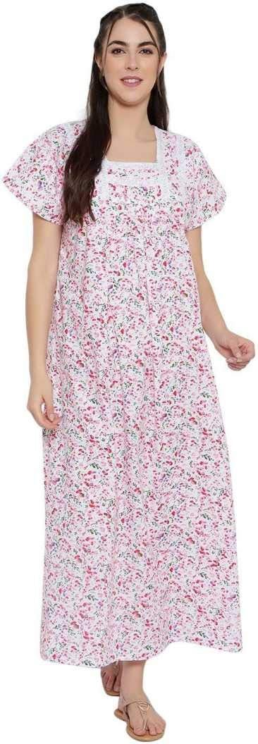 CIERGE Women's Cotton Abstract Print Maxi Nighty (CIERGE-COTTON LACE_Pink & Green_Free Size) - Image 3