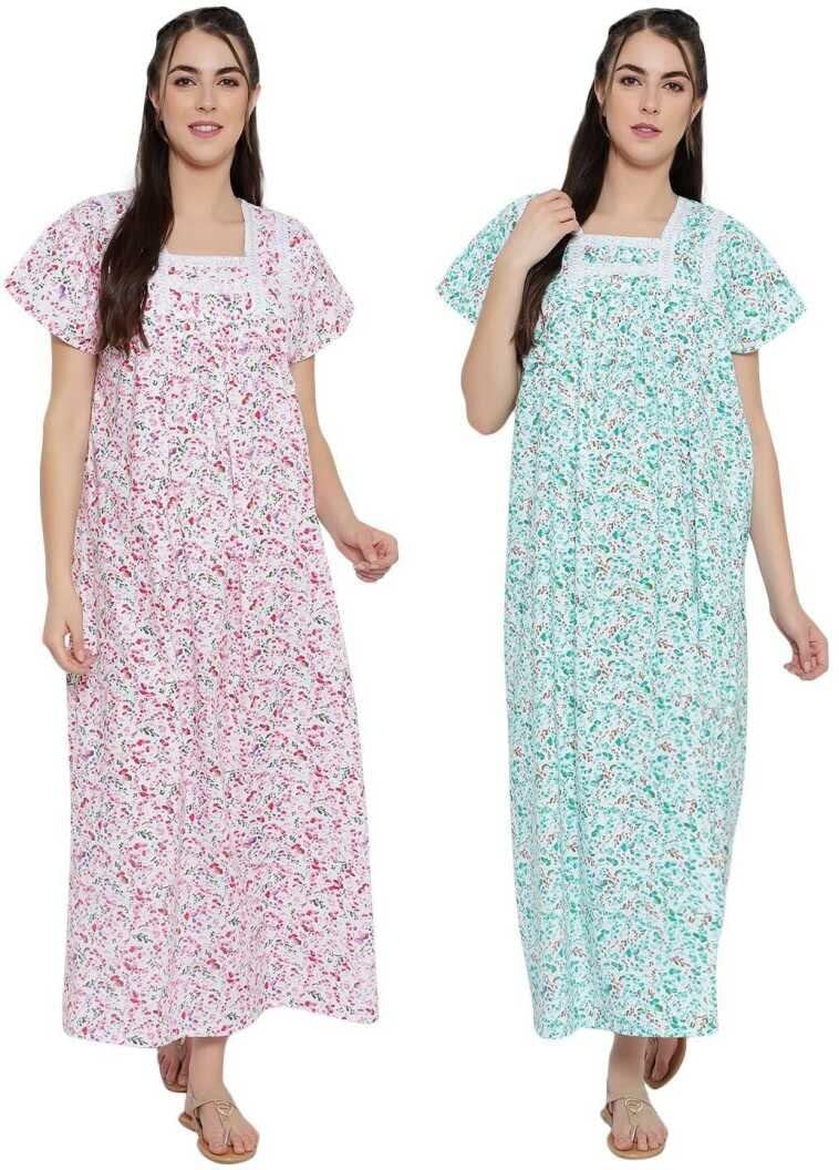 CIERGE Women's Cotton Abstract Print Maxi Nighty (CIERGE-COTTON LACE_Pink & Green_Free Size) - Image 1
