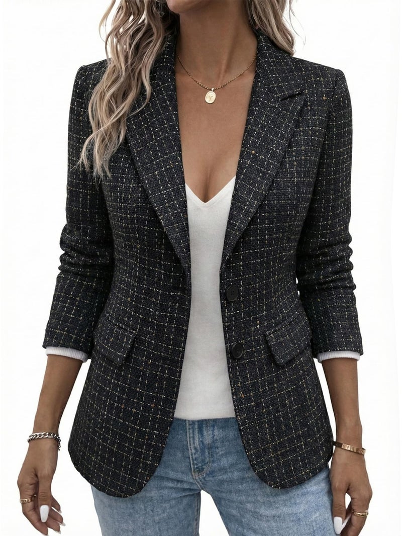 Mina Self Plaid Tweed Blazer Jacket for Women 2026 Fall Winter Black Houndstooth Oversized Boyfriend Womens Casual Business Professional Outfits Women's Work Party Office Attire HJG L - Image 3
