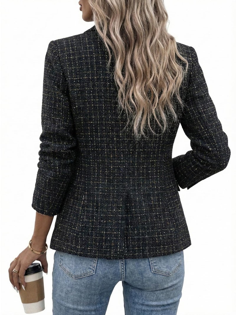 Mina Self Plaid Tweed Blazer Jacket for Women 2026 Fall Winter Black Houndstooth Oversized Boyfriend Womens Casual Business Professional Outfits Women's Work Party Office Attire HJG L - Image 2