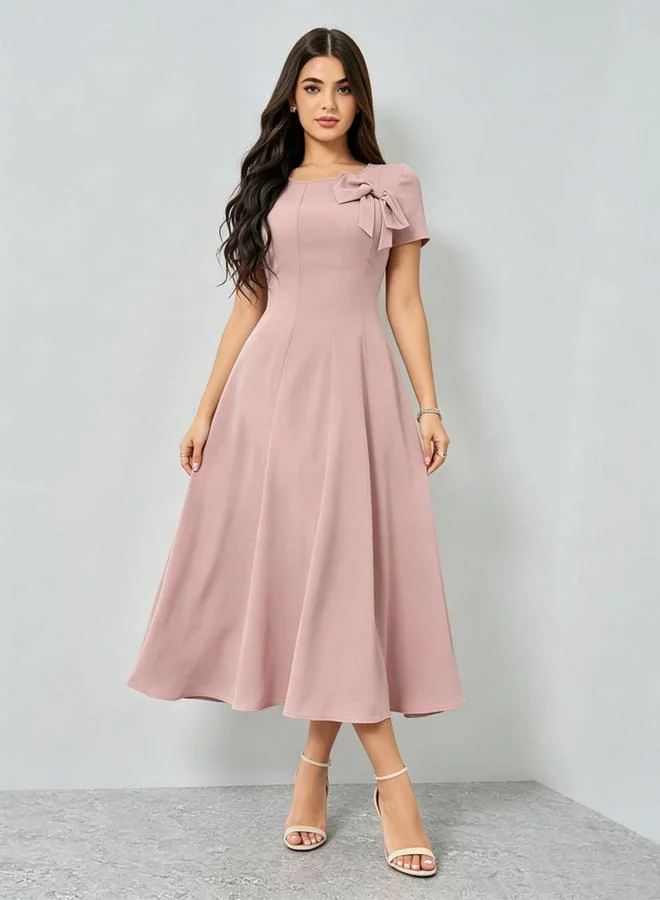 ستايلي Pink Bow Detail A-Line Midi Dress