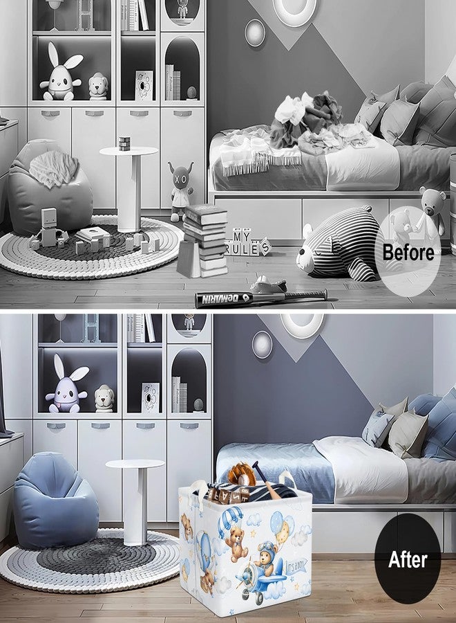 Clastyle 36L Large Blue Bear Pilot Hot Air Balloon Shelf Basket with Handle Collapsible Rectangle Toy Clothes Storage Basket for Kid Room Nursery, 40 * 30 * 30 cm - Image 2
