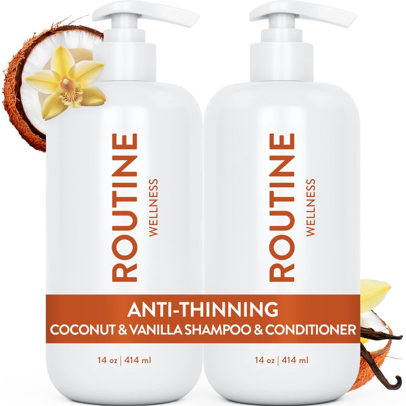 Routine Wellness مجموعة الشامبو والبلسم لمكافحة تساقط الشعر من روتين ويلنس - مثبط DHT للنساء والرجال - شامبو آمن للألوان لتساقط الشعر ونمو صحي - جوز الهند والفانيليا (عبوة من 2) - Image 1