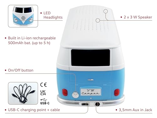 BRISA VW Collection - Volkswagen Portable Bluetooth Speaker Wireless Box with Rechargable Battery T1 Bus Campervan (Scale: 1:20/Classic Bus) (Blue) - Image 2