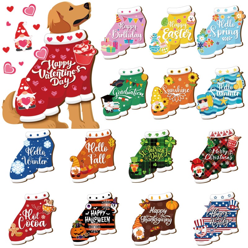 Barydat 16 Pcs Seasonal Dachshund Dog Sign for All Seasons Lovely Interchangeable Front Door Decoration, Wooden Rustic Holiday Door Winter Spring Wall Decor(Cute Dog) - Image 1