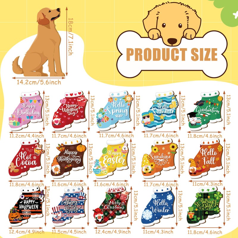 Barydat 16 Pcs Seasonal Dachshund Dog Sign for All Seasons Lovely Interchangeable Front Door Decoration, Wooden Rustic Holiday Door Winter Spring Wall Decor(Cute Dog) - Image 3