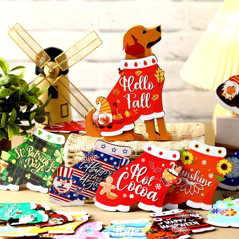 Barydat 16 Pcs Seasonal Dachshund Dog Sign for All Seasons Lovely Interchangeable Front Door Decoration, Wooden Rustic Holiday Door Winter Spring Wall Decor(Cute Dog) - Image 2