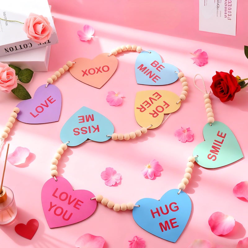 ojustbeok Valentineâ€™s Day Hearts Wood Bead Garland Colorful Conversation Hearts Garland Banner Decorations Candy Heart Wooden Beads Banner for Valentine Wedding Anniversary Mantel Wall Door Decorations - Image 3