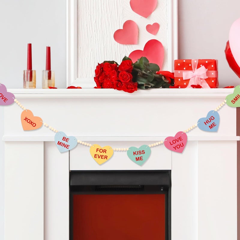 ojustbeok Valentineâ€™s Day Hearts Wood Bead Garland Colorful Conversation Hearts Garland Banner Decorations Candy Heart Wooden Beads Banner for Valentine Wedding Anniversary Mantel Wall Door Decorations - Image 1