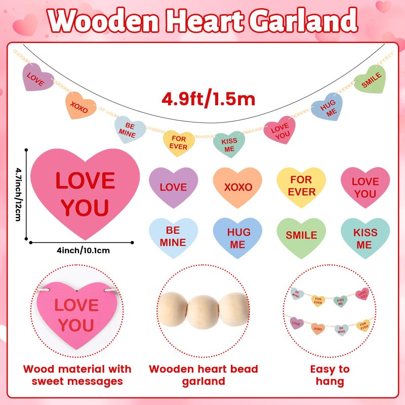 ojustbeok Valentineâ€™s Day Hearts Wood Bead Garland Colorful Conversation Hearts Garland Banner Decorations Candy Heart Wooden Beads Banner for Valentine Wedding Anniversary Mantel Wall Door Decorations - Image 2