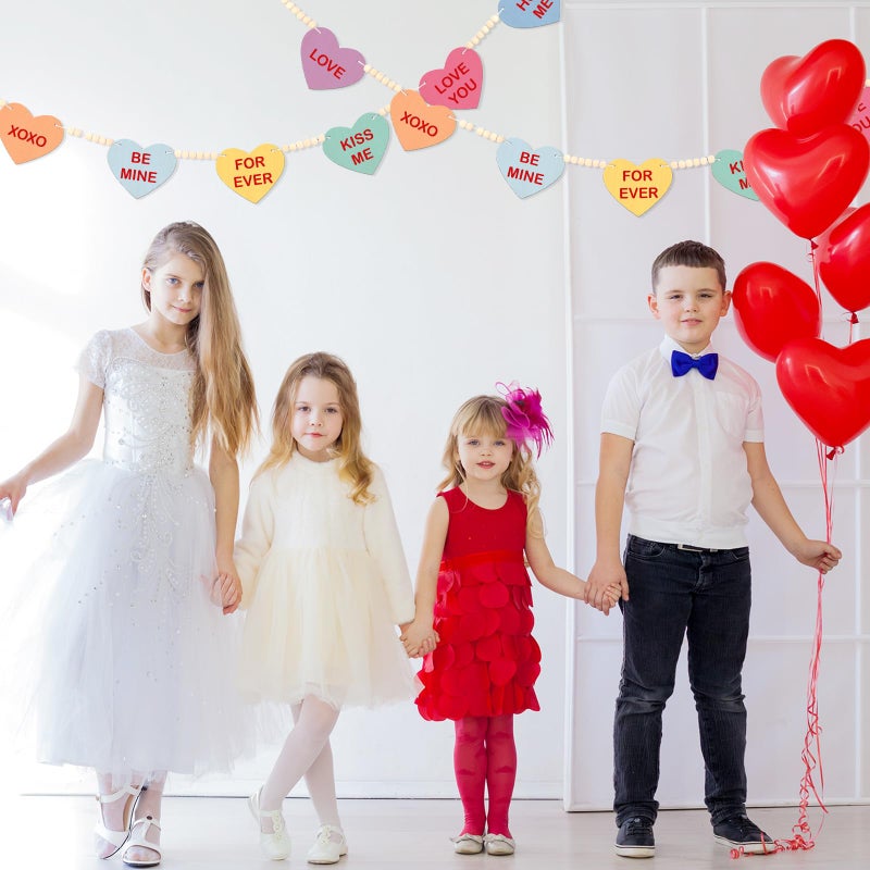 ojustbeok Valentineâ€™s Day Hearts Wood Bead Garland Colorful Conversation Hearts Garland Banner Decorations Candy Heart Wooden Beads Banner for Valentine Wedding Anniversary Mantel Wall Door Decorations - Image 5