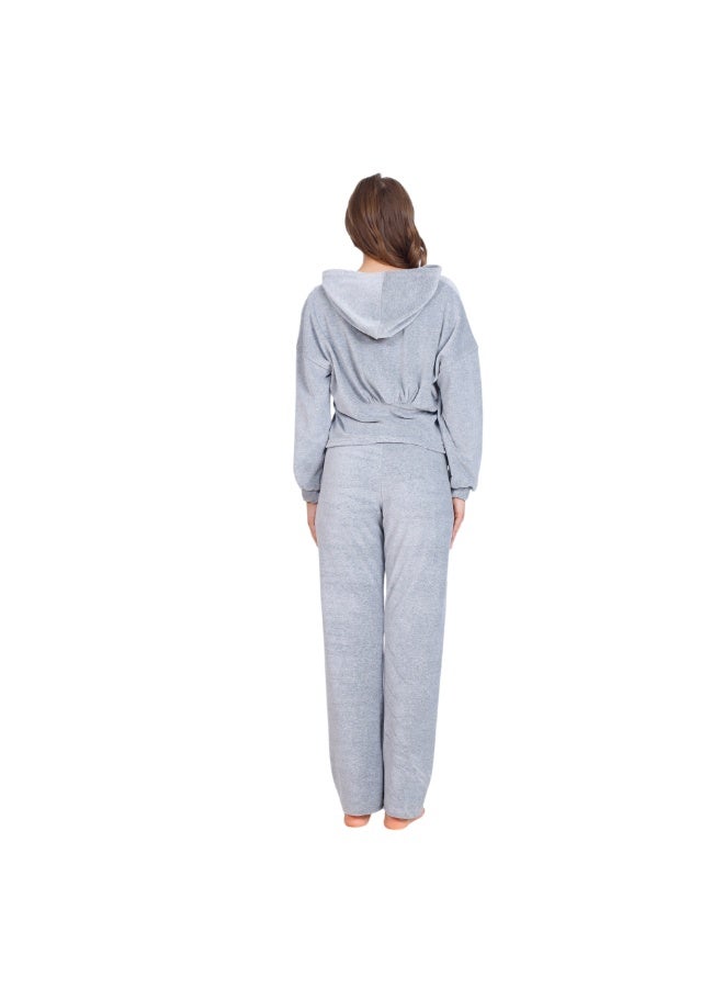 zecotex  Women’s Winter Velvet 2-Piece Pyjama Set - Zip-Up Hoodie Jacket with Letter Embroidery & Long Lounge Pants - Grey - Image 5