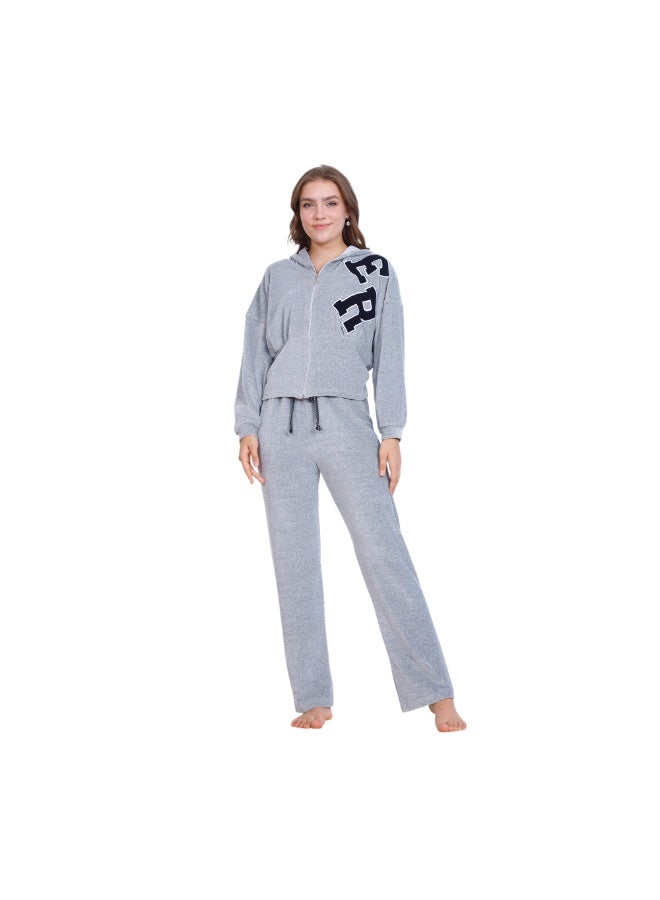 zecotex  Women’s Winter Velvet 2-Piece Pyjama Set - Zip-Up Hoodie Jacket with Letter Embroidery & Long Lounge Pants - Grey - Image 1