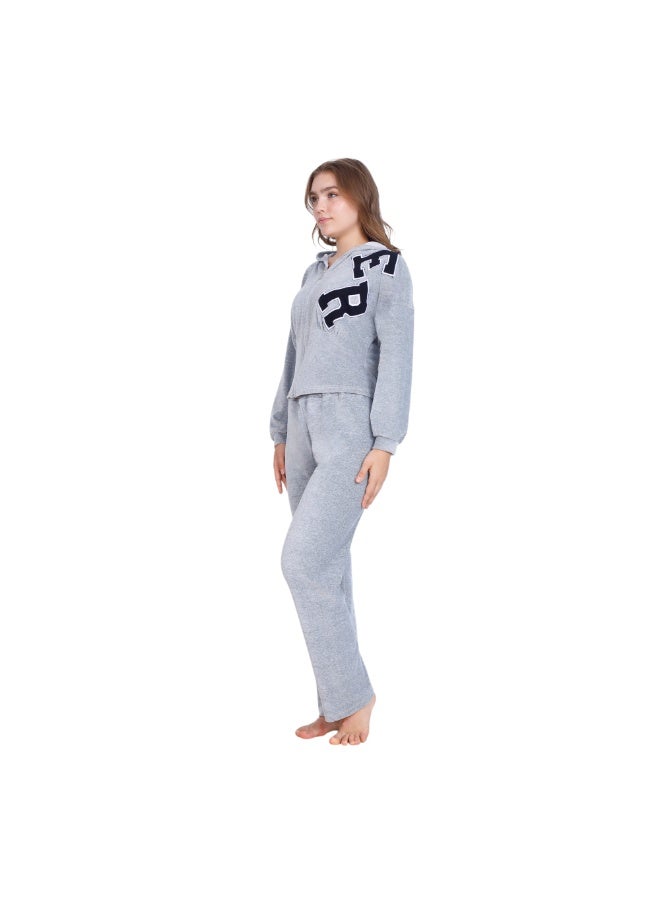 zecotex  Women’s Winter Velvet 2-Piece Pyjama Set - Zip-Up Hoodie Jacket with Letter Embroidery & Long Lounge Pants - Grey - Image 3