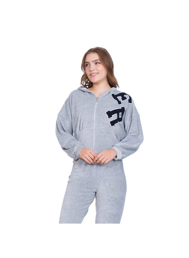zecotex  Women’s Winter Velvet 2-Piece Pyjama Set - Zip-Up Hoodie Jacket with Letter Embroidery & Long Lounge Pants - Grey - Image 2