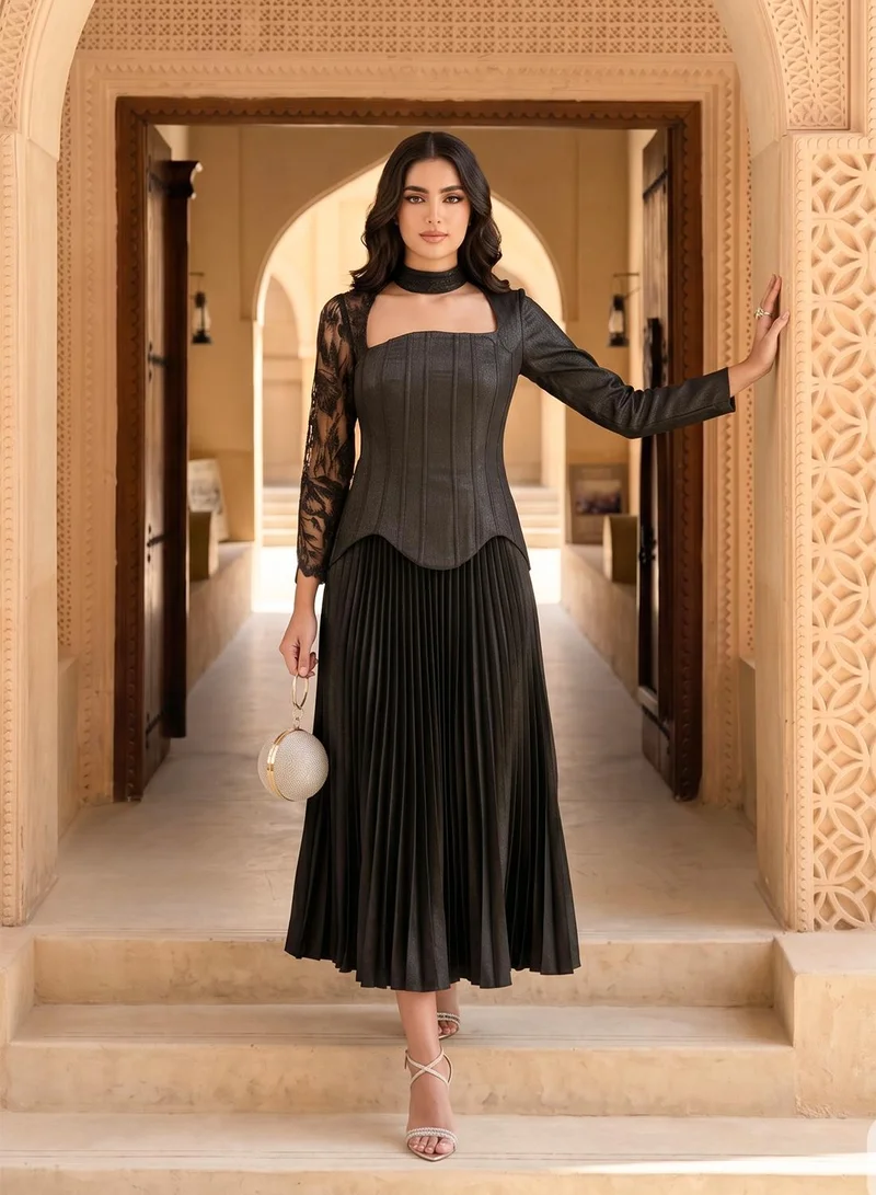 Threadz by Ajooni Lace Detail Plisse Midi Dress