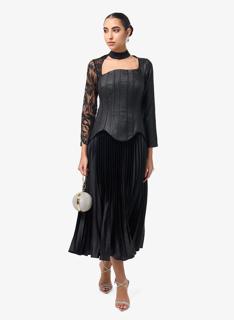 Threadz by Ajooni Lace Detail Plisse Midi Dress