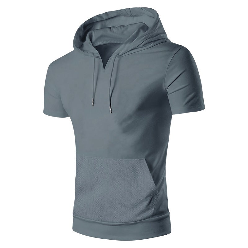 2024 Summer Mens Short Sleeve Hoodie T-shirt Casual Solid Slim Top Black - Image 5