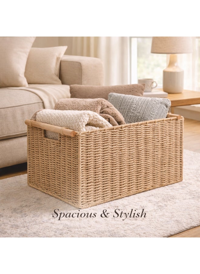 Homesmiths Hand-Woven Paper Rope Storage Basket – L 35 x B 24 x H 16 cm, With Wooden Handle & Metal Frame, Woven Organizer Bin for Living Room, Bedroom, Bathroom, Closet & Home Storage - Image 3