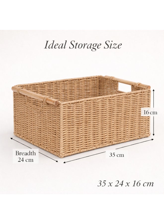 Homesmiths Hand-Woven Paper Rope Storage Basket – L 35 x B 24 x H 16 cm, With Wooden Handle & Metal Frame, Woven Organizer Bin for Living Room, Bedroom, Bathroom, Closet & Home Storage - Image 2