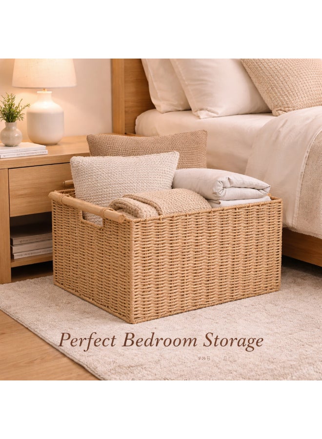 Homesmiths Hand-Woven Paper Rope Storage Basket – L 35 x B 24 x H 16 cm, With Wooden Handle & Metal Frame, Woven Organizer Bin for Living Room, Bedroom, Bathroom, Closet & Home Storage - Image 4