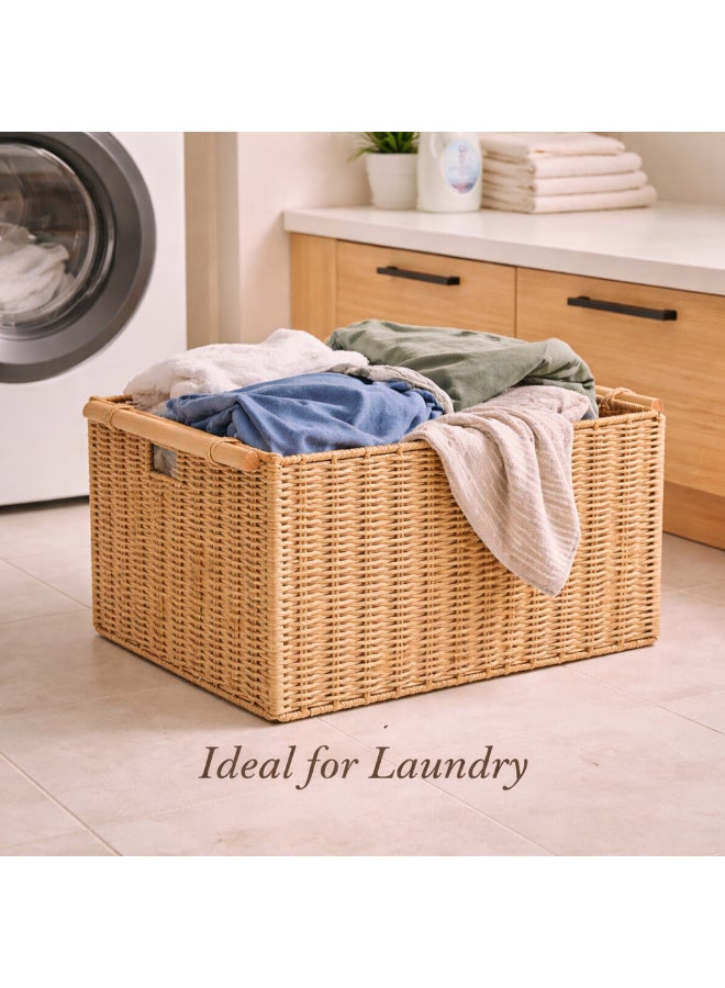 Homesmiths Hand-Woven Paper Rope Storage Basket – L 35 x B 24 x H 16 cm, With Wooden Handle & Metal Frame, Woven Organizer Bin for Living Room, Bedroom, Bathroom, Closet & Home Storage - Image 5