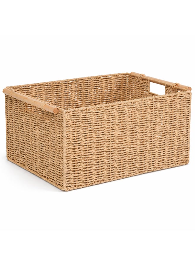 Homesmiths Hand-Woven Paper Rope Storage Basket – L 35 x B 24 x H 16 cm, With Wooden Handle & Metal Frame, Woven Organizer Bin for Living Room, Bedroom, Bathroom, Closet & Home Storage - Image 1