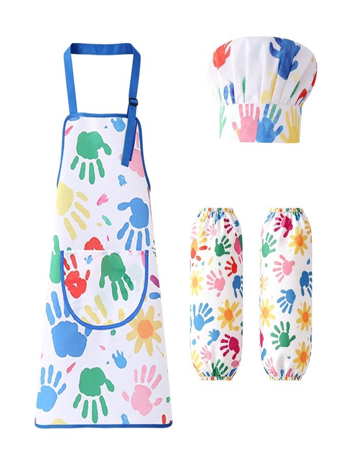 KUUQA Art Apron with Hat & Sleeves Waterproof - Children’s Painting Smock with Adjustable Straps, Stain Resistant Craft Apron for Childrens - Colorful Handprint Art Apron for Baking - Image 1