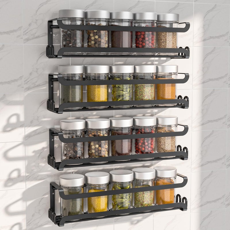 LUCYCAZ 4 Pack Wall Mounted Spice Rack with 16 Hooks, Spice Organizer Shelf for Stove Cabinet Pantry Door,Screw or Adhesive Spice Shelf Hanging Wall Spice Rack in Kitchen and RV (Black, 4 PACK) - Image 1
