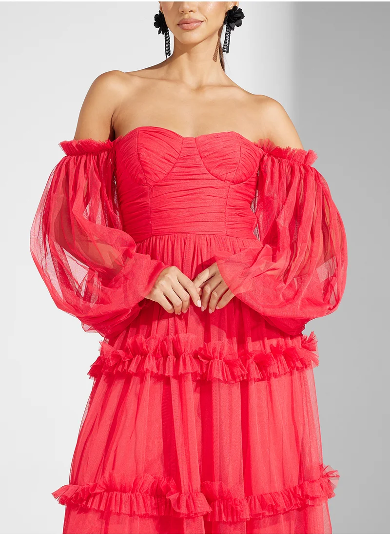 Lace and Beads Bardot Balloon Sleeve Dress