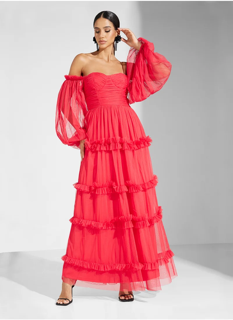 Lace and Beads Bardot Balloon Sleeve Dress